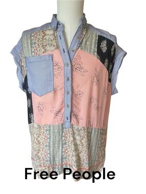 Free People Patchwork Button Up Top Boho Floral Mixed Print Women’s Size Small